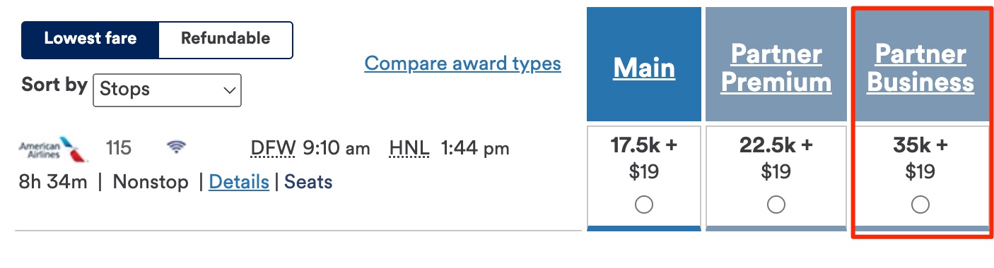 AA biz class Alaska miles DFW-HNL