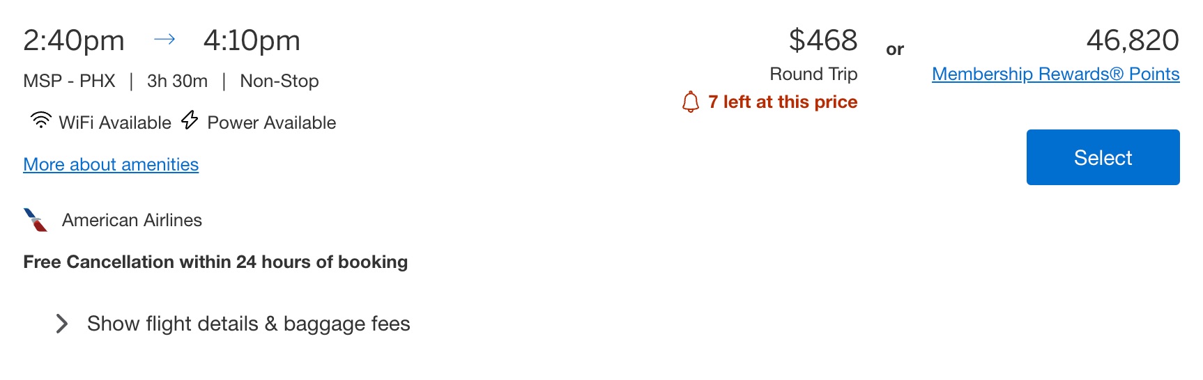 Amex Travel booking for a Minneapolis (MSP) to Phoenix (PHX) flight