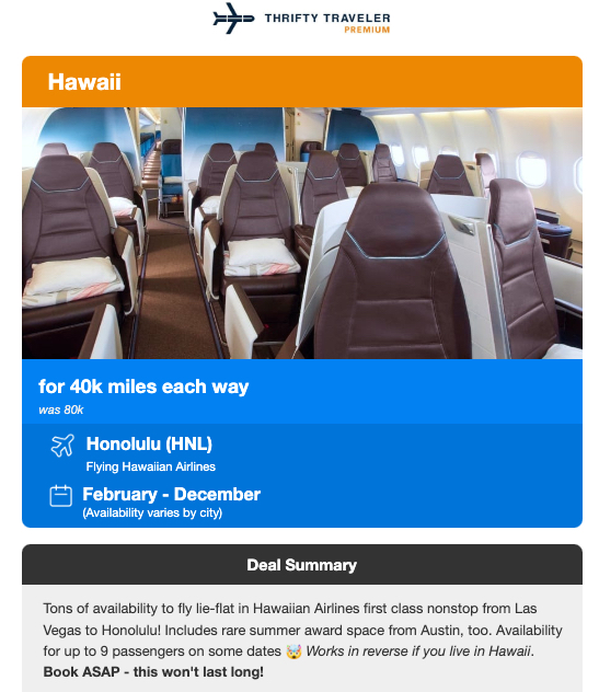 Austin and Vegas to Hawaii lie-flat Thrifty Traveler Premium deal