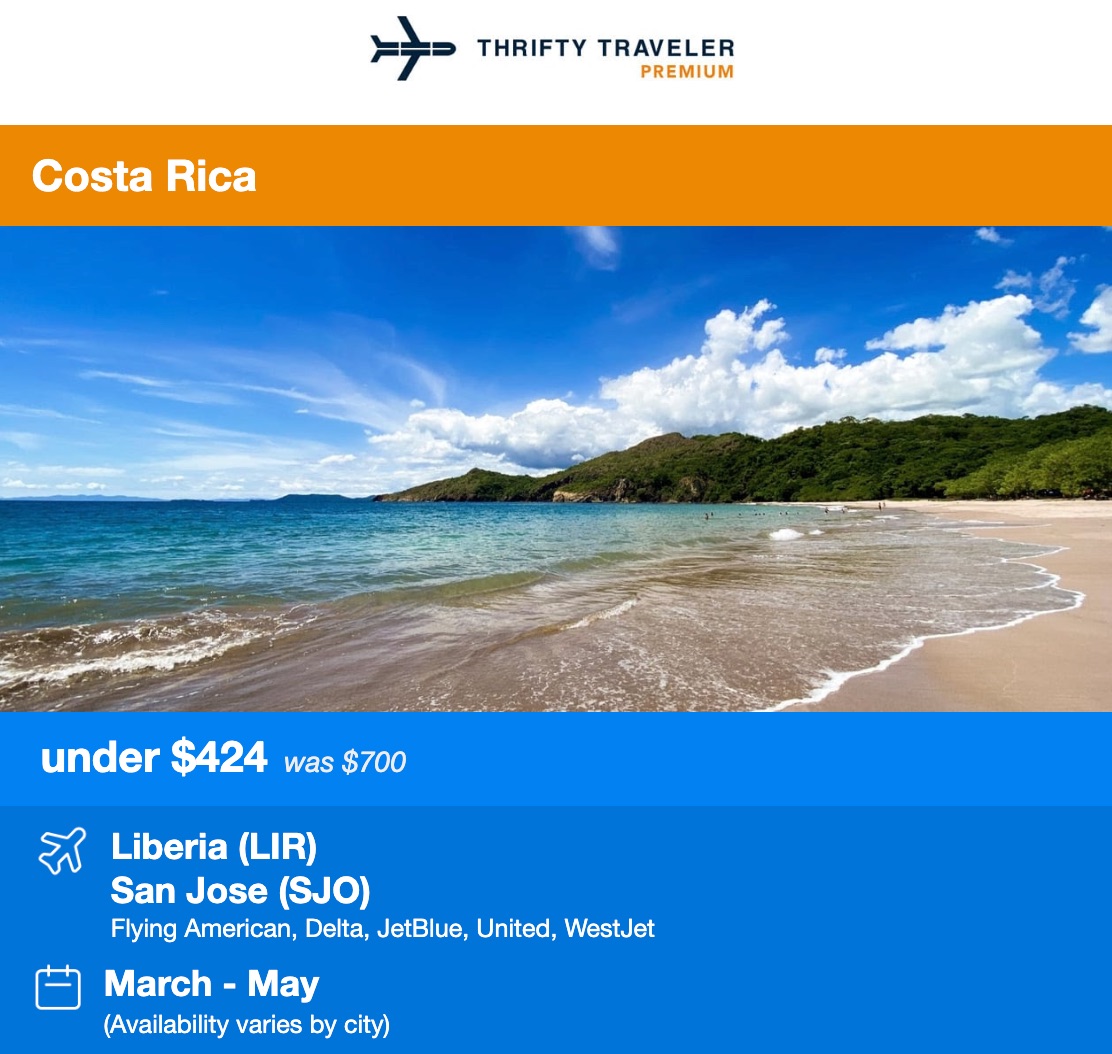 Thrifty Traveler Premium Deal for Costa Rica nonstop flights