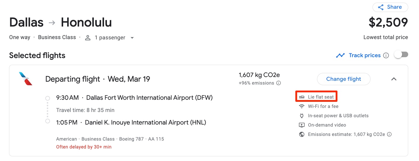 DFW-HNL AA Business Class