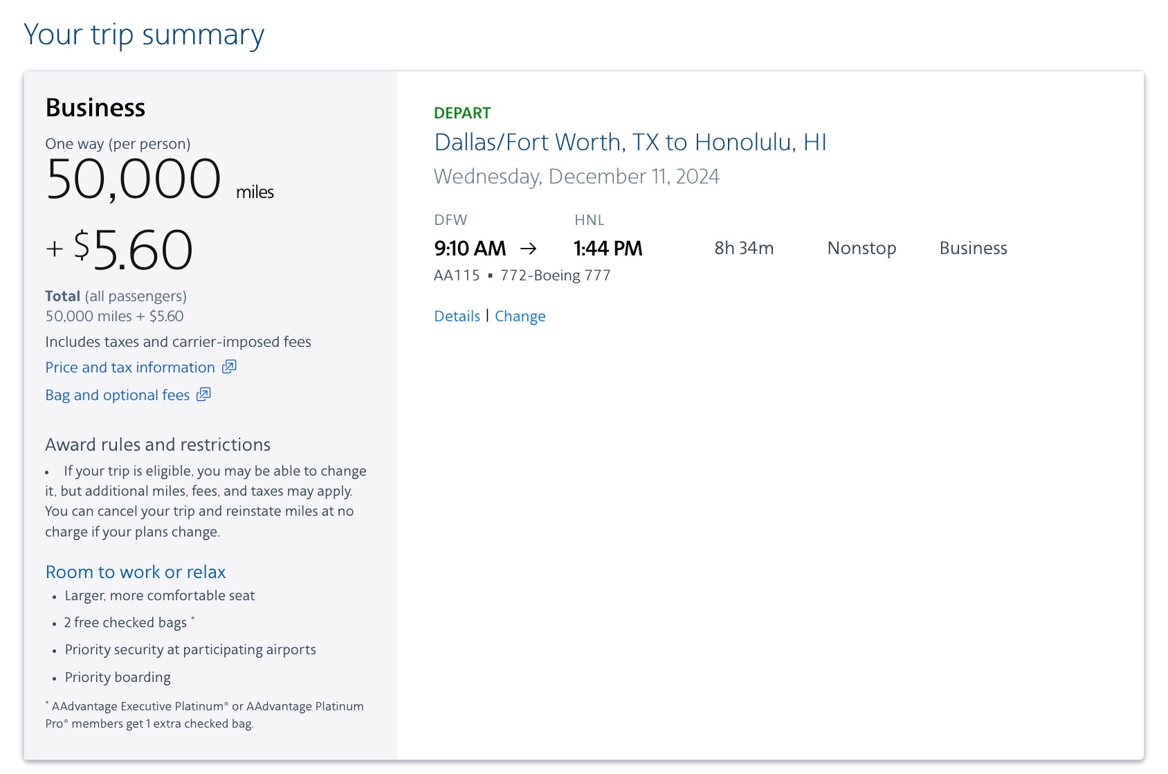 DFW-HNL Biz Class AA Miles