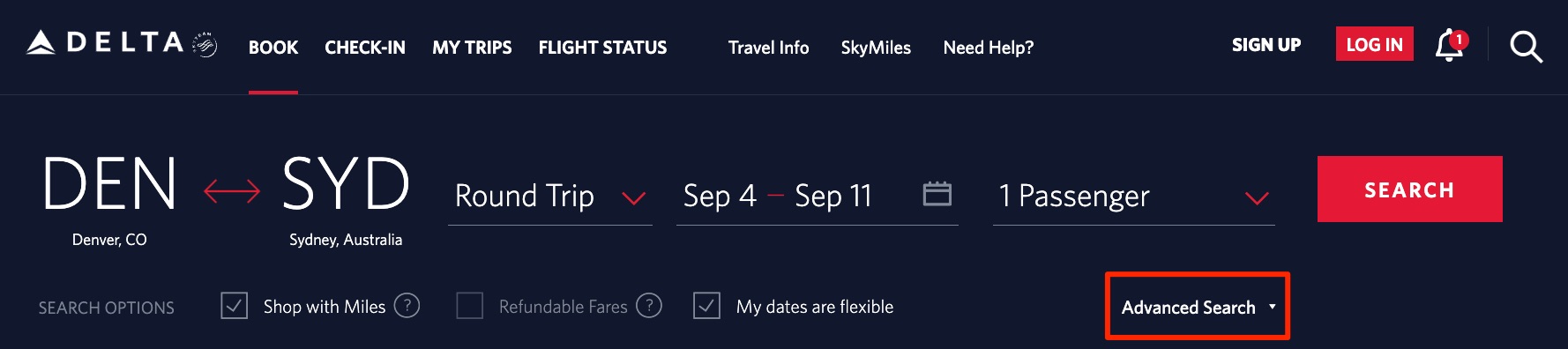 Delta SkyMiles advanced search for Denver (DEN) to Sydney (SYD) search