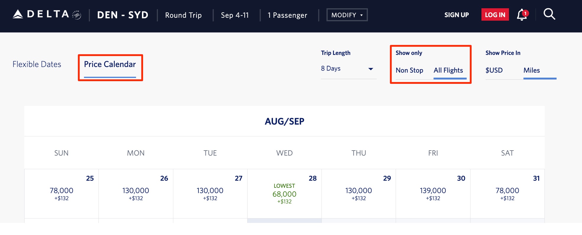 Delta SkyMiles DEN-SYD nonstop filter