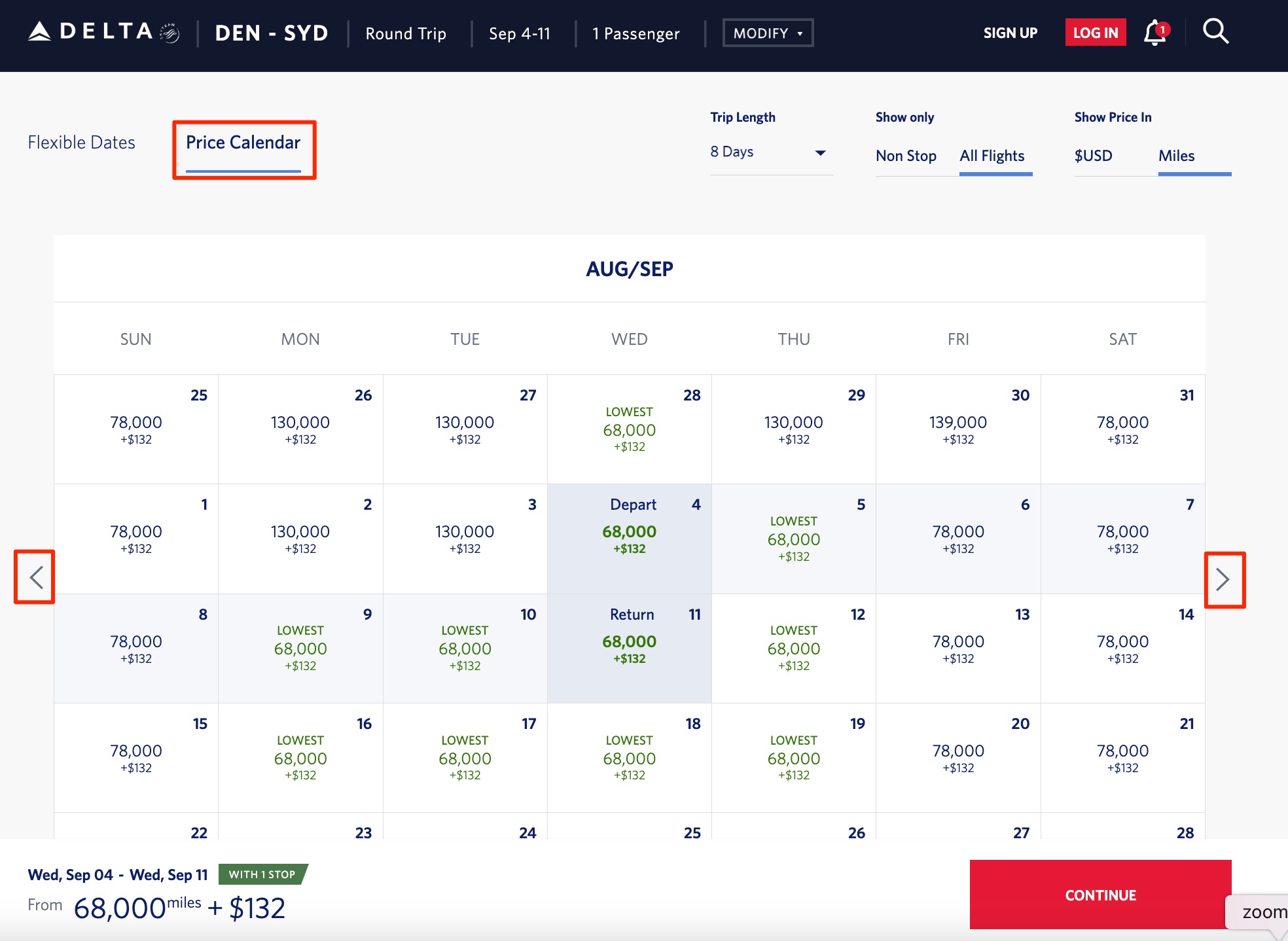 Delta SkyMiles DEN-SYD price calendar