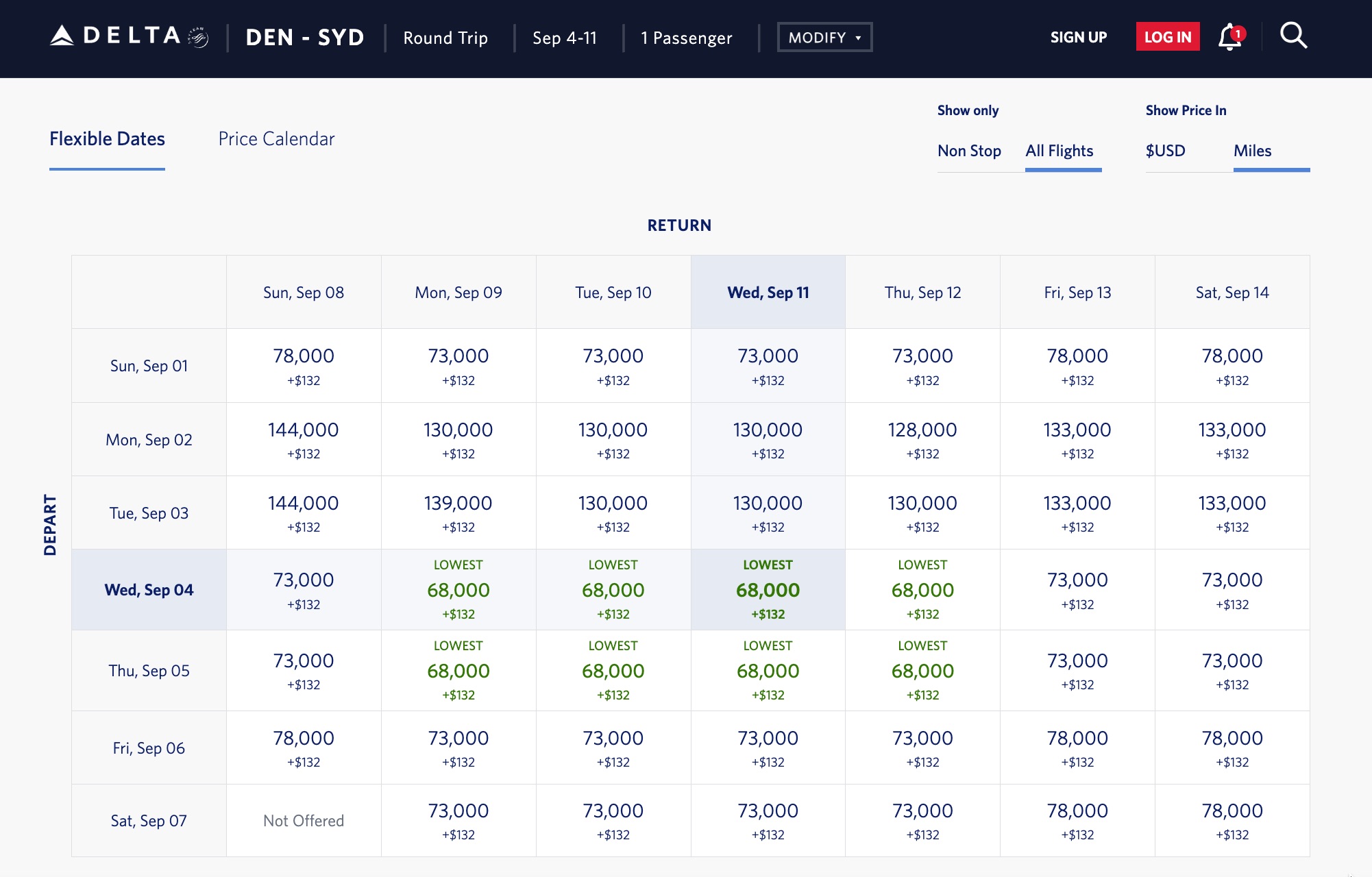 Delta SkyMiles flexible dates calendar for Denver (DEN) to Sydney (SYD) flights