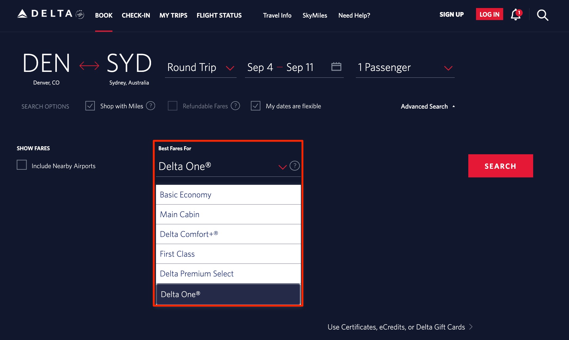 Delta SkyMiles search for premium cabins