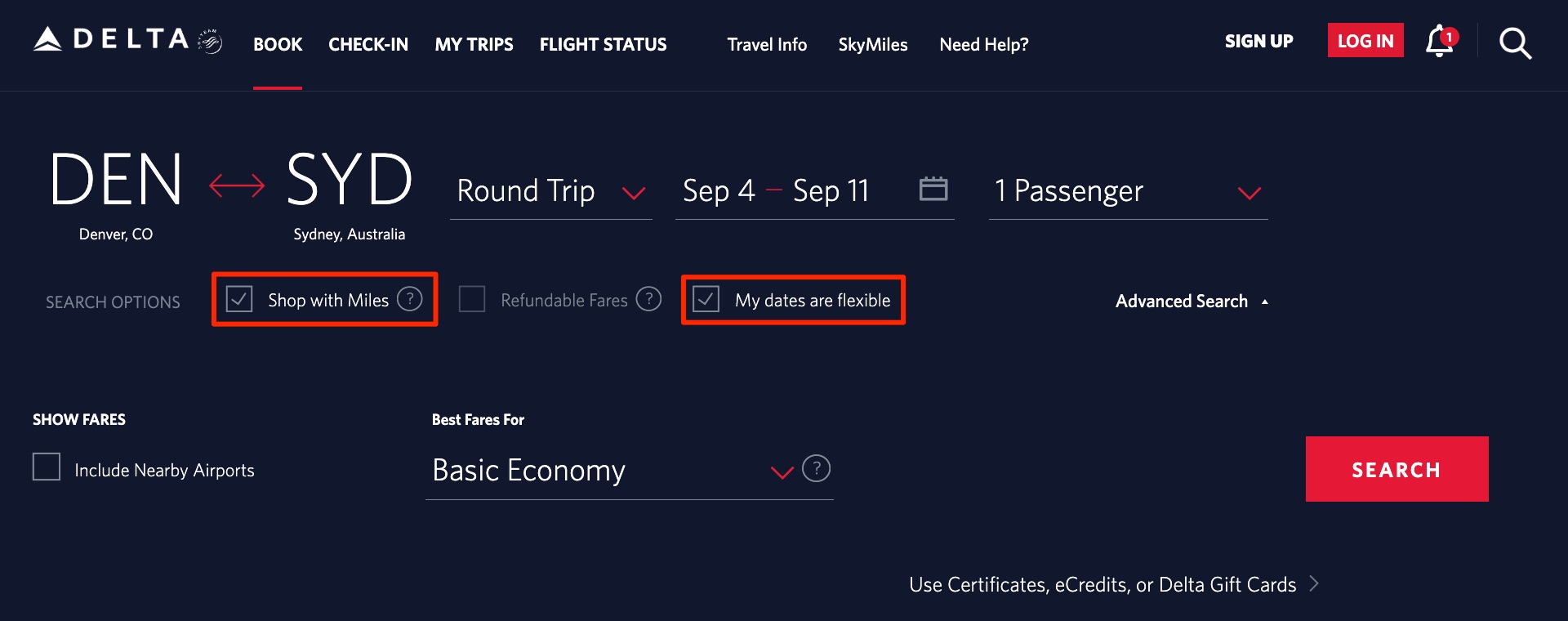 Delta.com search for award flights from Denver (DEN) to Sydney (SYD)