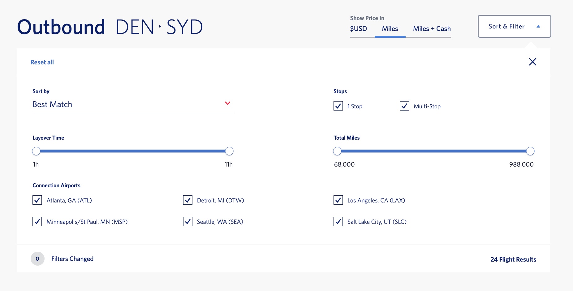 Delta sort and filter DEN-SYD