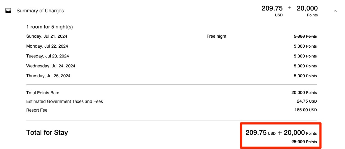 Excalibur five night award booking with resort fee