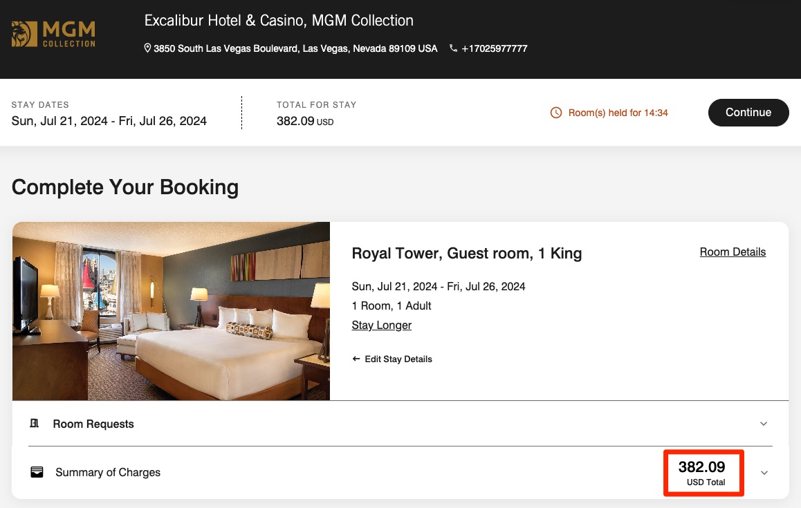 Excalibur five night cash booking