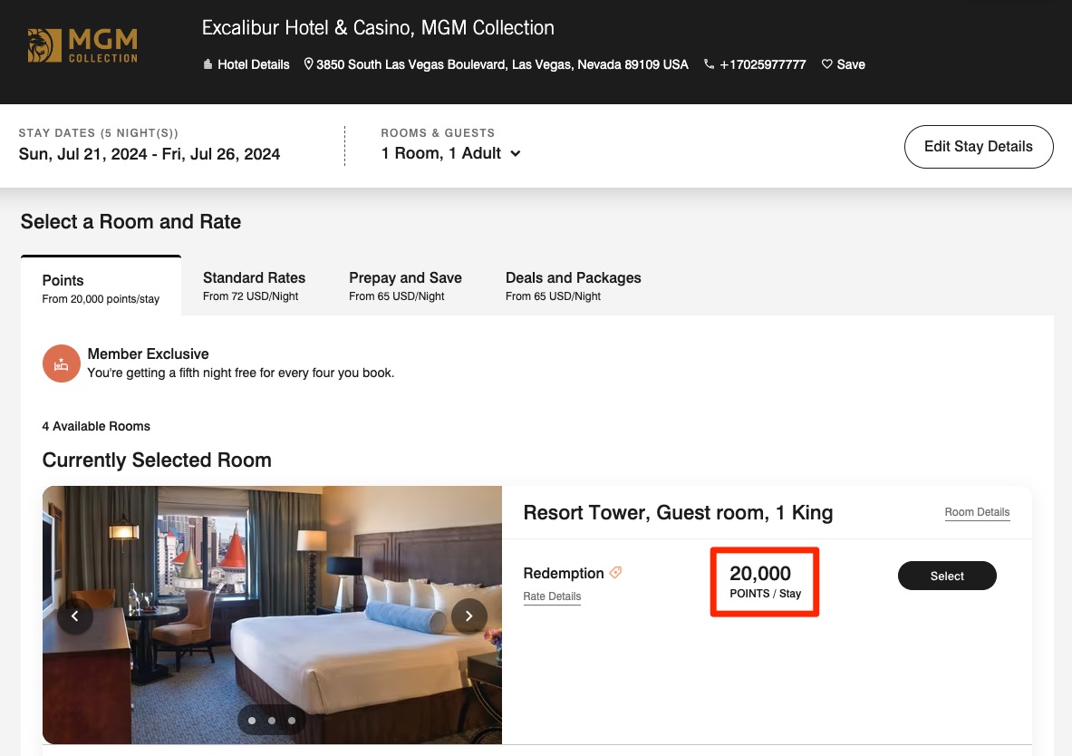 Excalibur points reservation with 5th night free