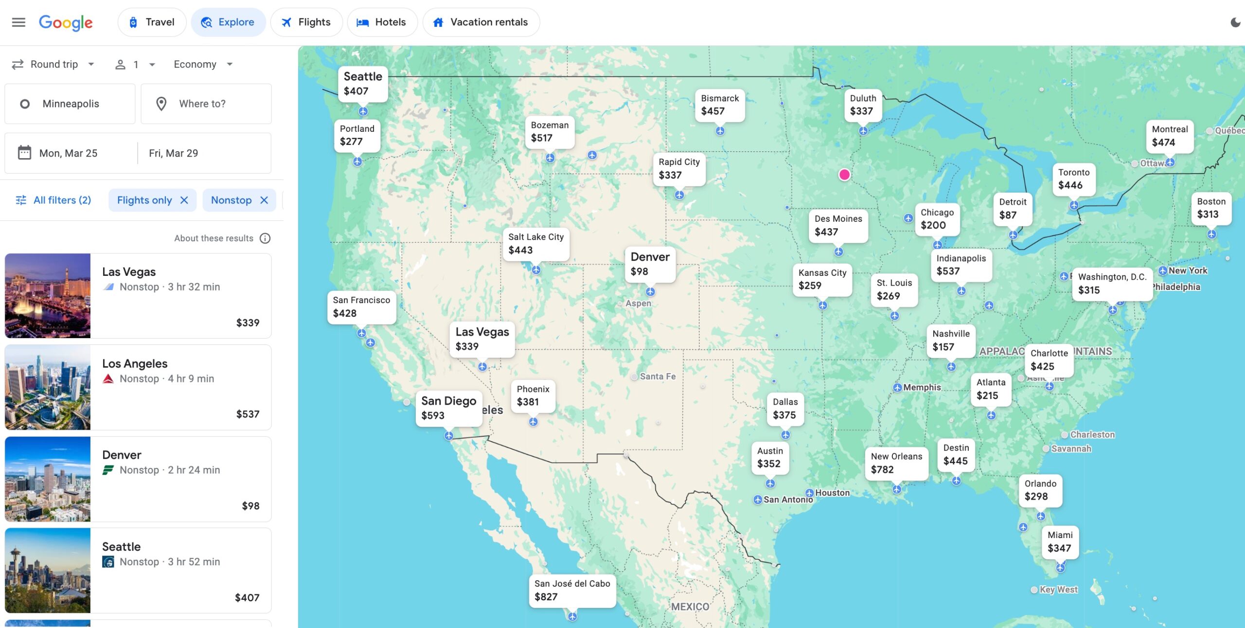 Google Flights Explore search