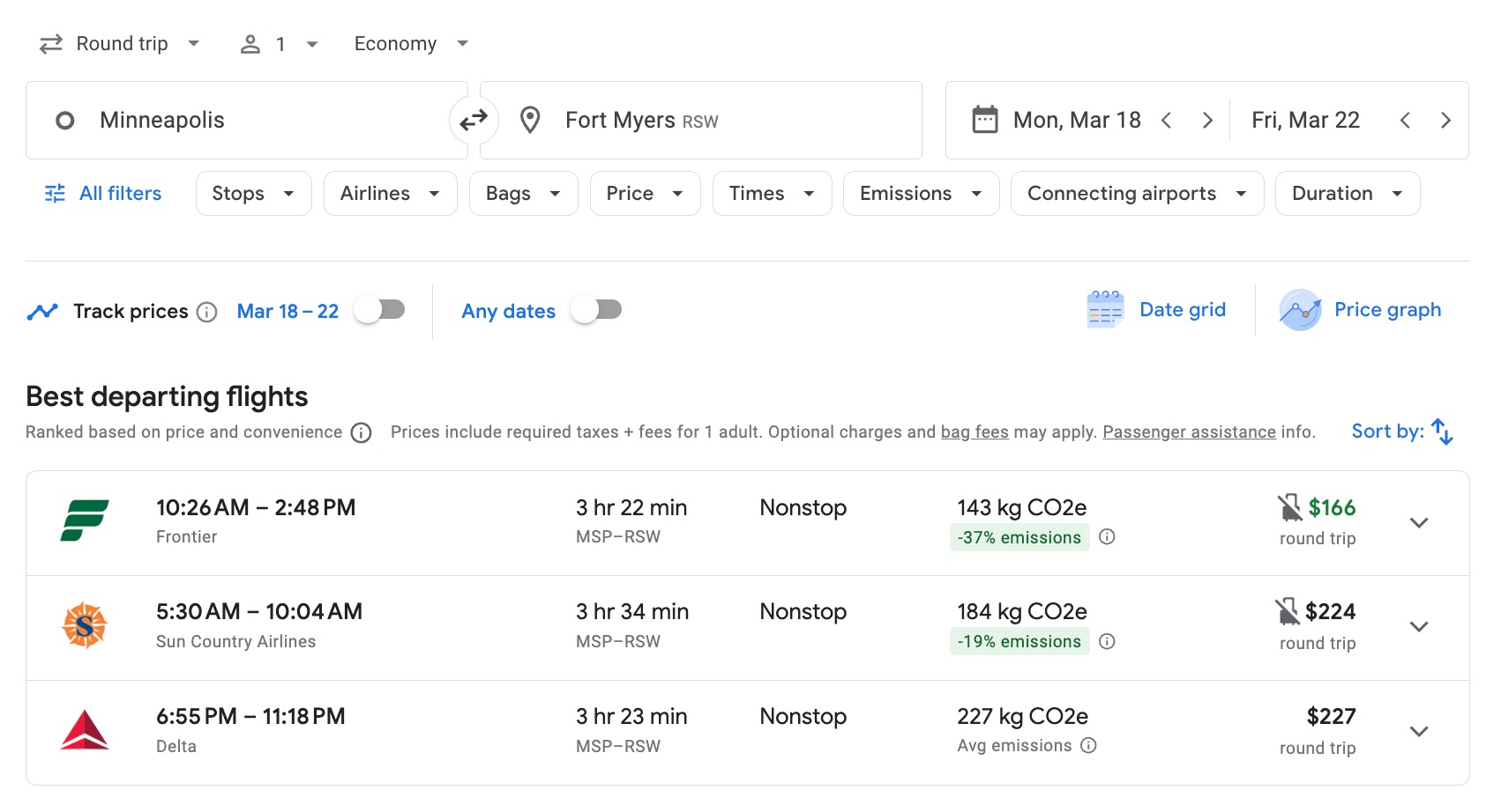Google Flights Minneapolis (MSP) to Fort Myers (RSW) flights