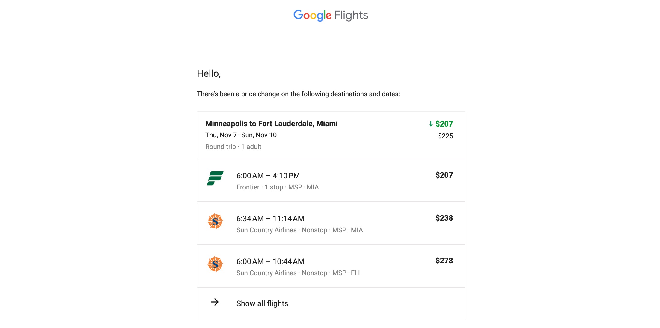 email about miami and fort lauderdale flight prices