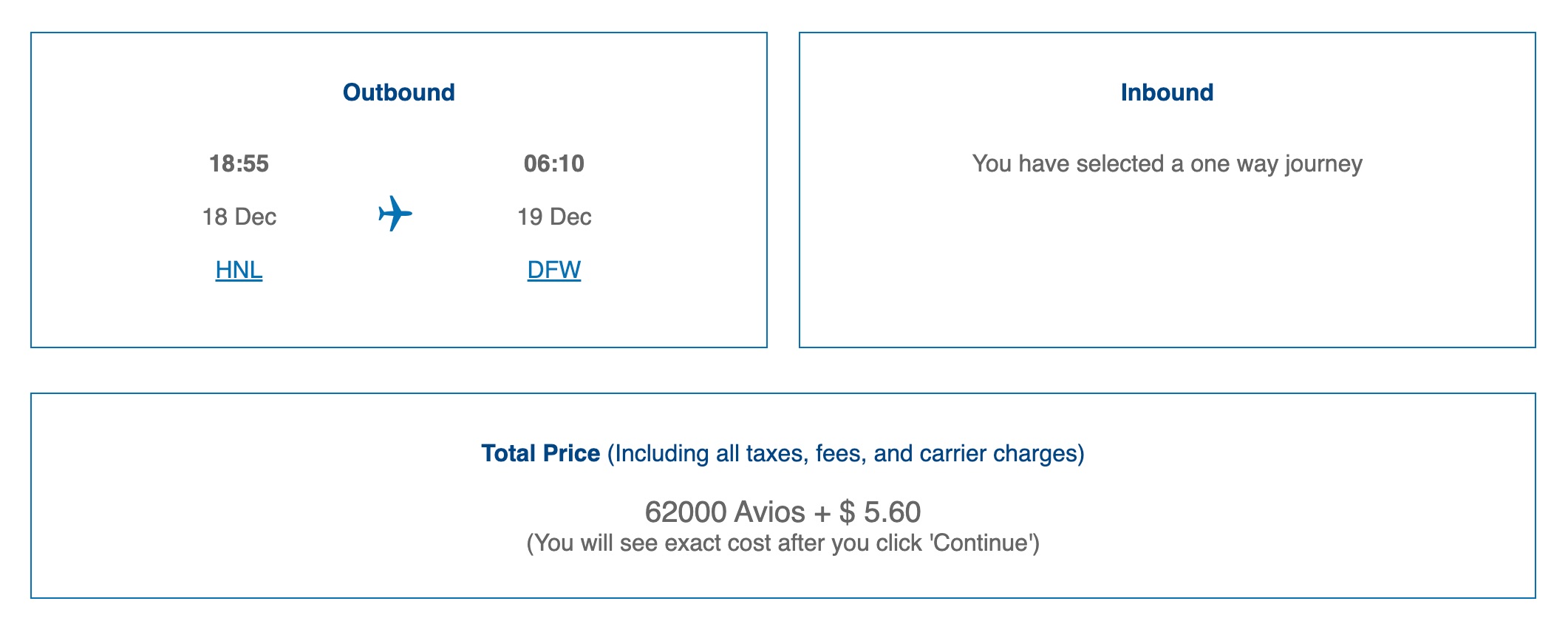 HNL-DFW AA Biz Class BA Avios