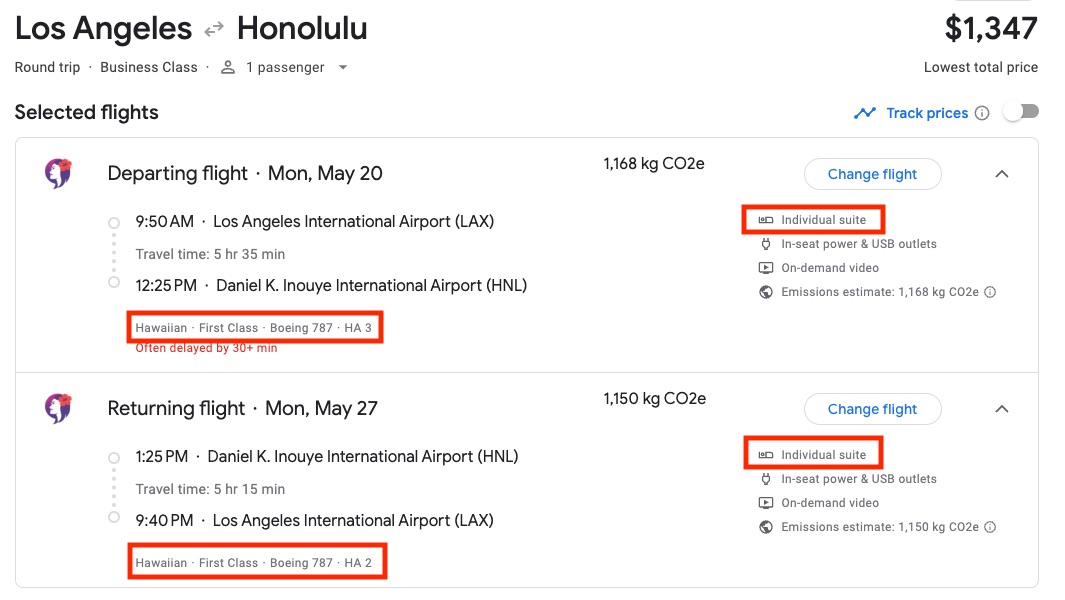 LAX-HNL RT Hawaiian Airlines first class