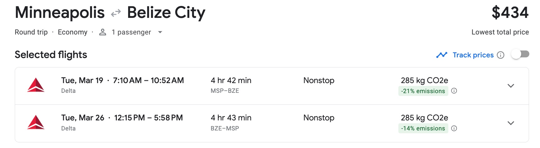 Google Flights search for Minneapolis (MSP) to Belize (BZE) flights