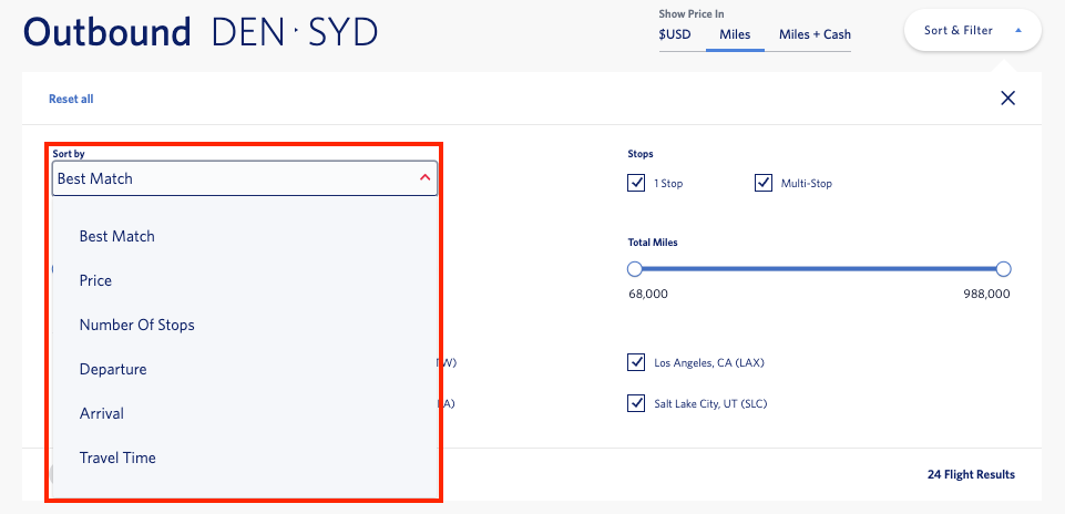 Delta SkyMiles DEN-SYD sort and filter flights