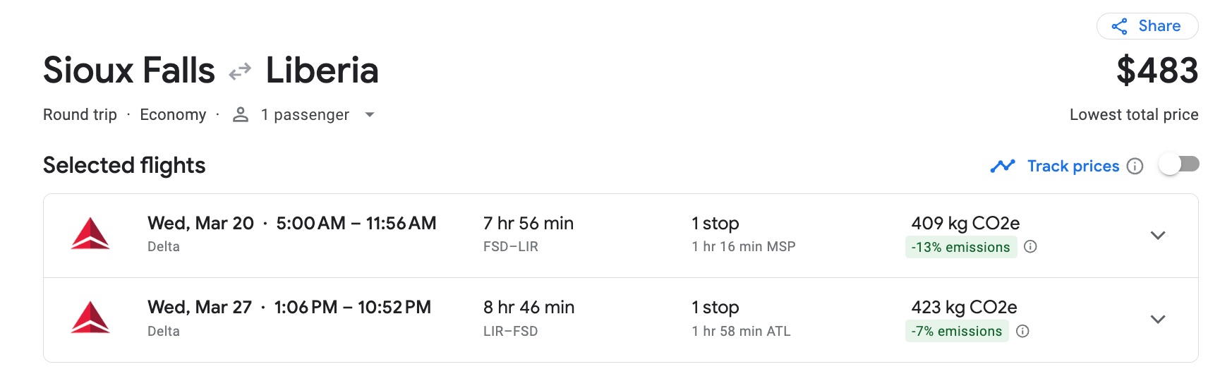 Google Flights search for Sioux Falls to Costa Rica flights