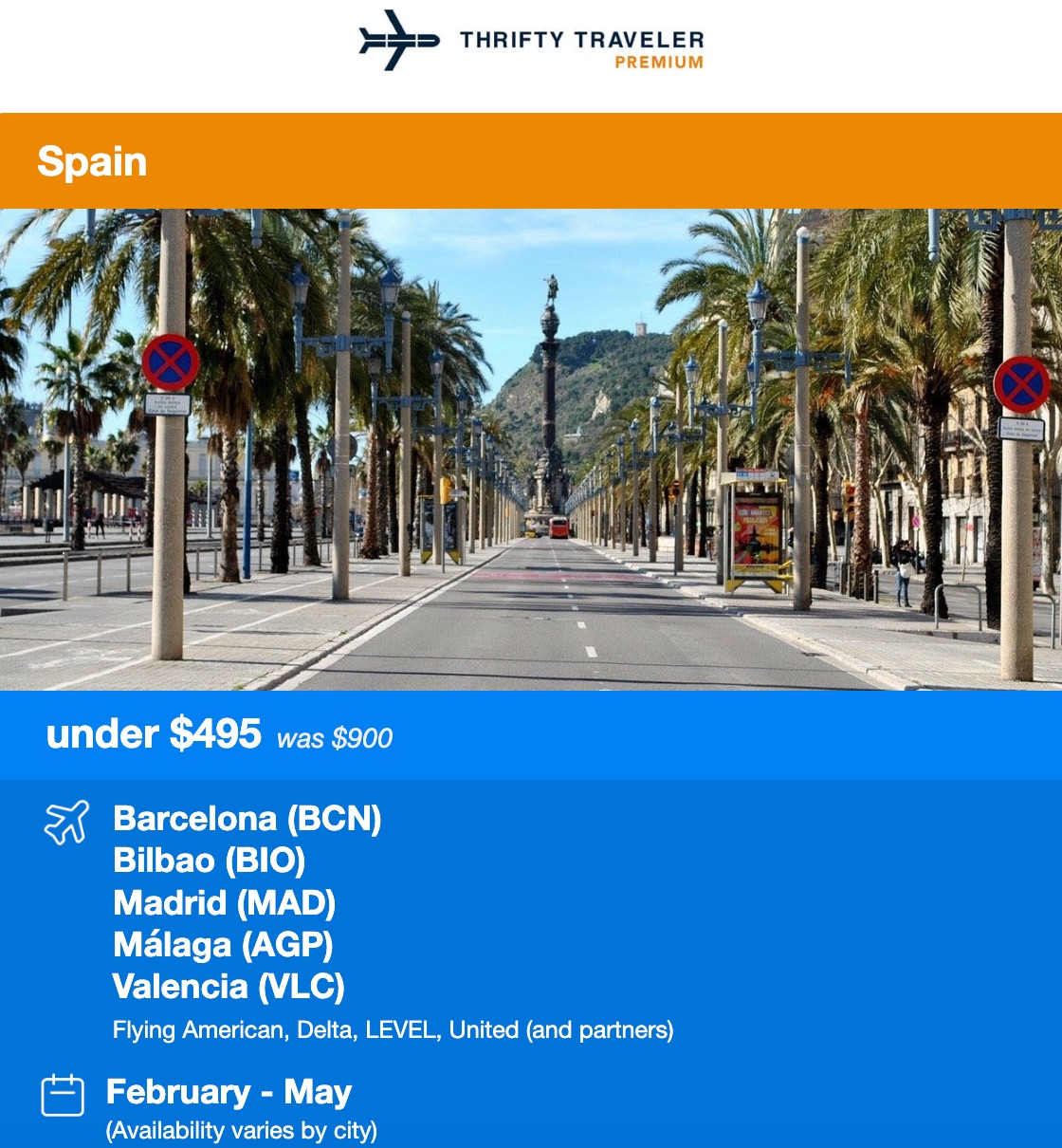 Thrifty Traveler Premium deal nationwide to Spain