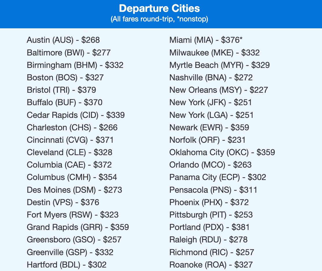 US Virgin Islands flight deal departure cities