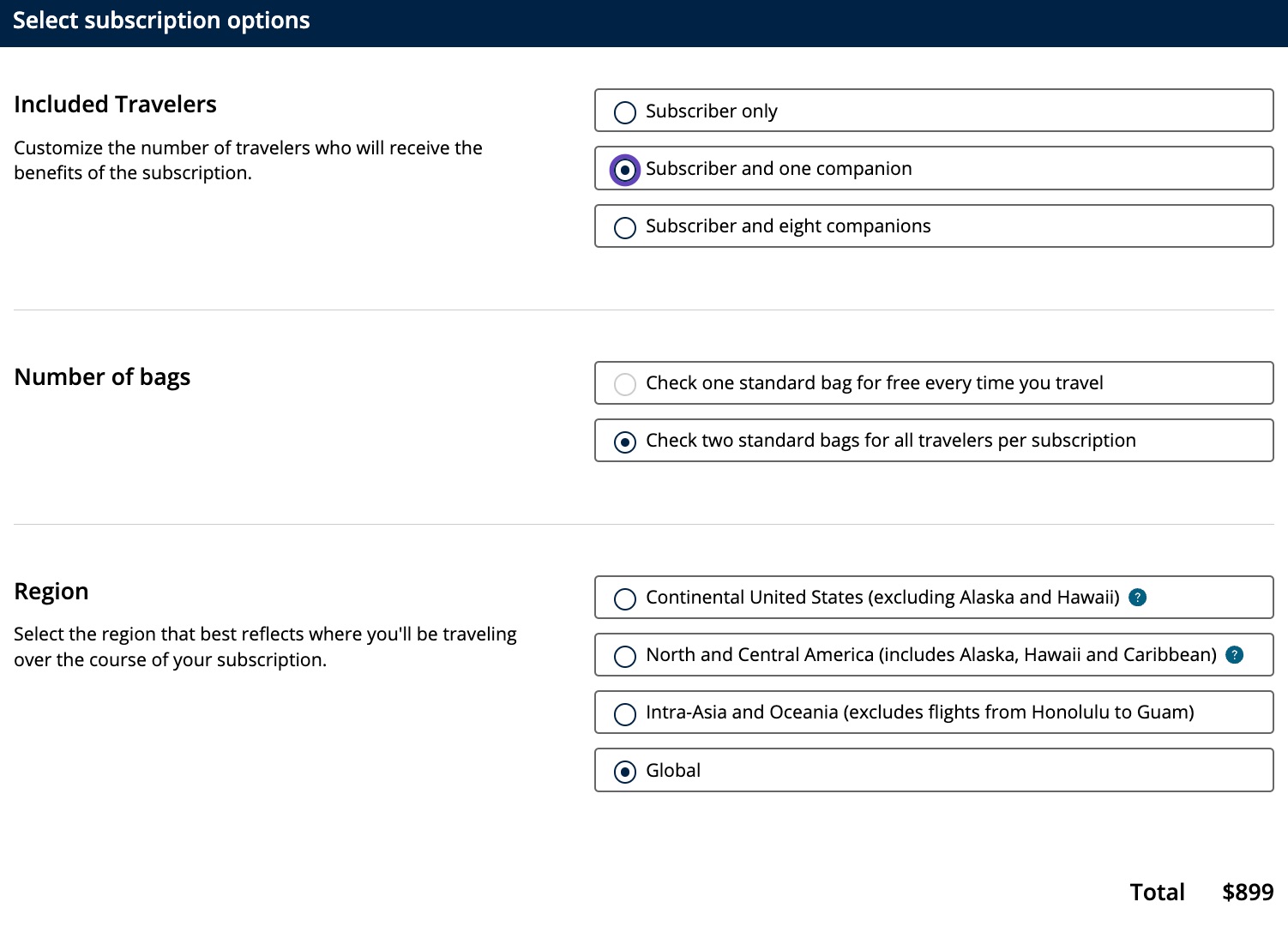 United baggage subscription selection page