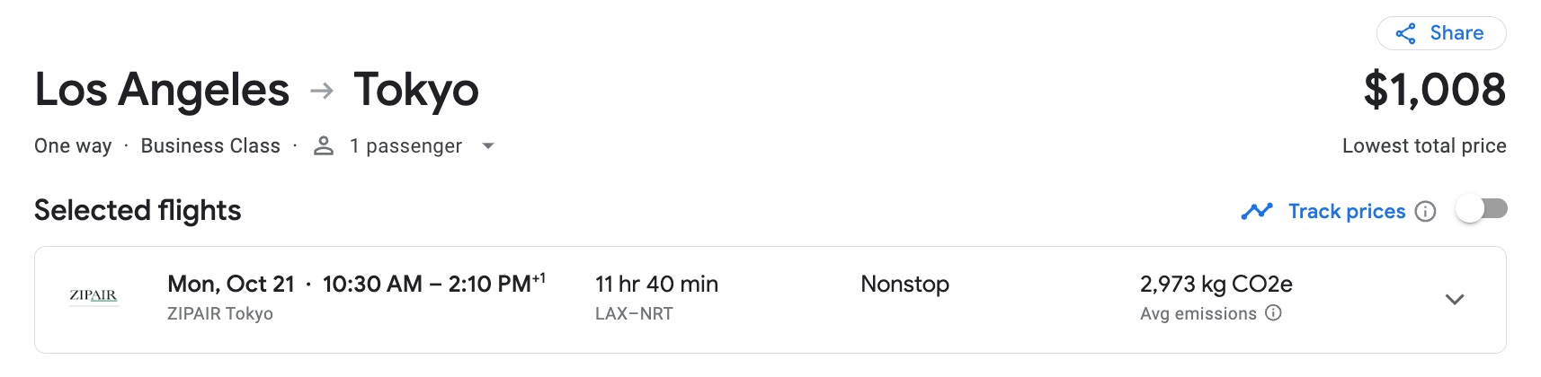 Cheap ZIPAIR business class flight to Japan on Google Flights