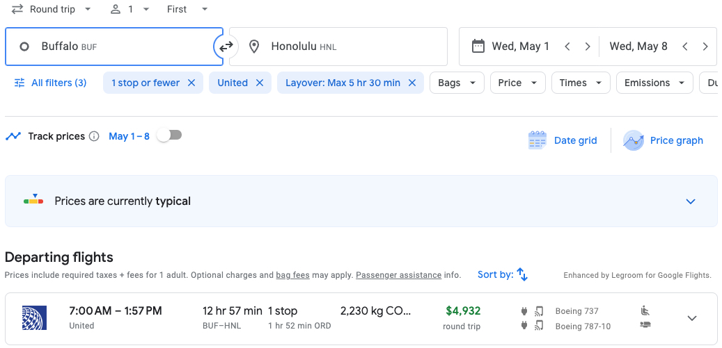 Buffalo to Hawaii lie-flat United cash ticket