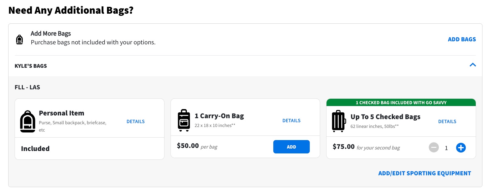 screen to add a carry on bag to a spirit fare