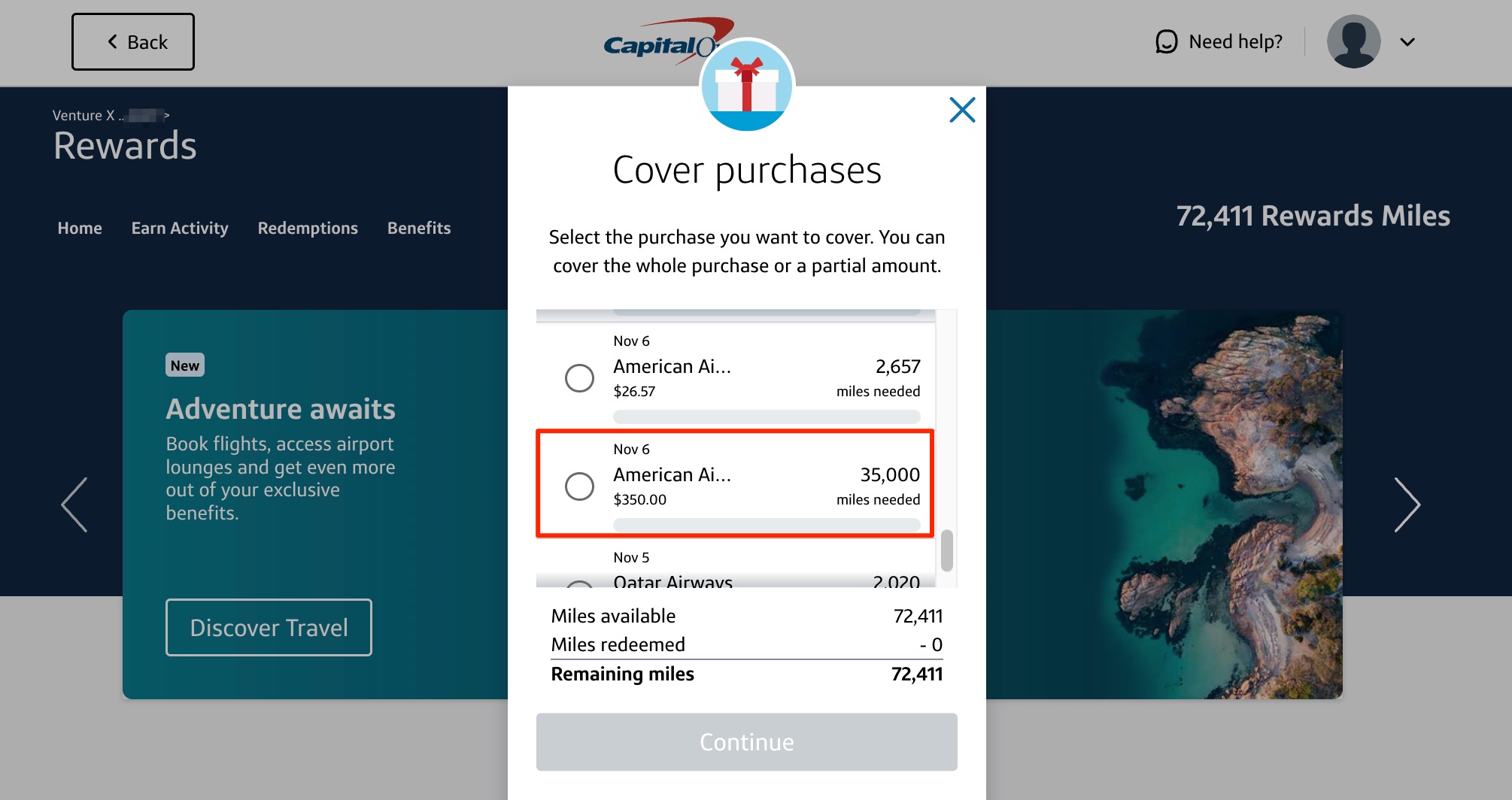 Covering an American Airlines flight purchase with capital one venture miles