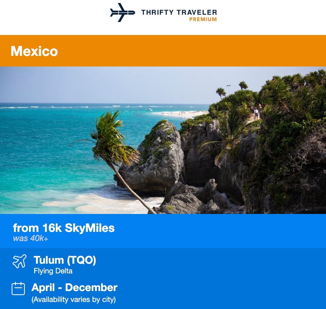Thrifty Traveler Premium deal Delta SkyMiles flash sale to Tulum