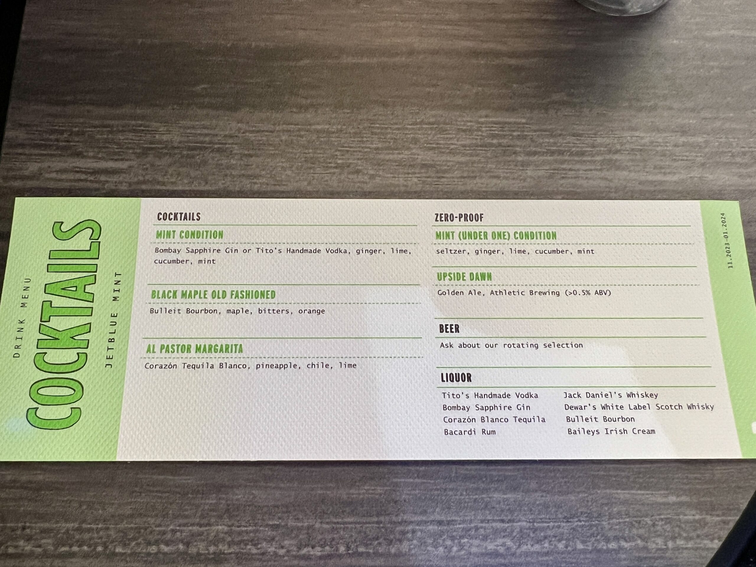 jetblue mint cocktail list