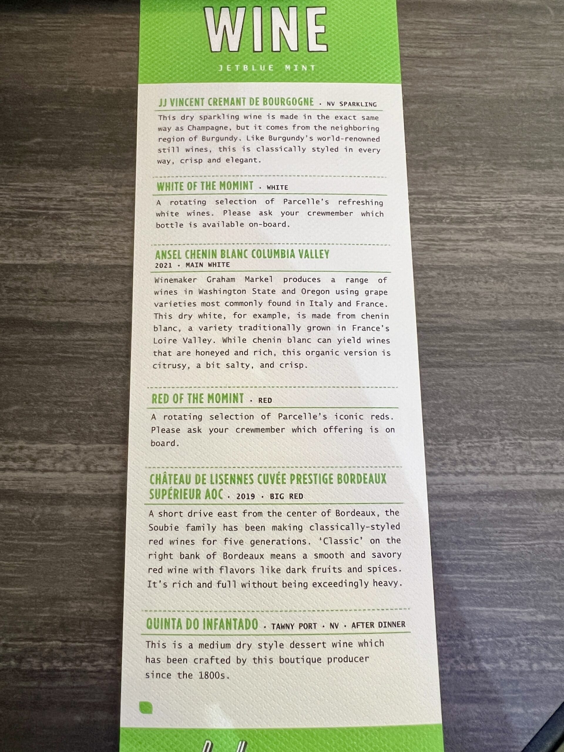 jetblue mint wine list