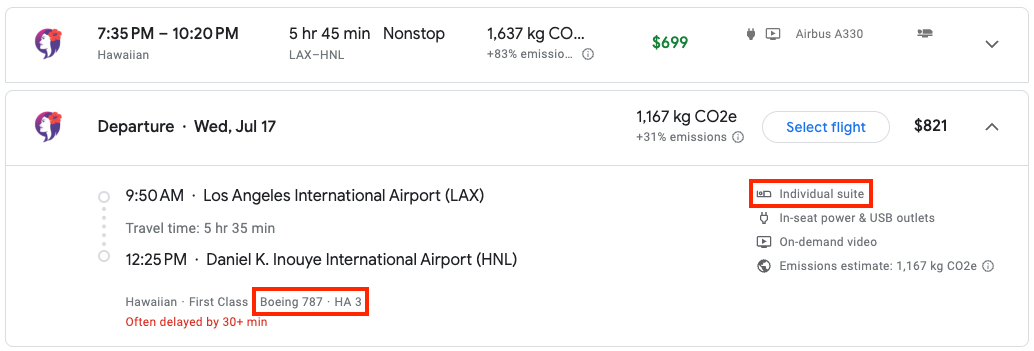 Look for individual suite on Google Flights for Hawaiian's 787 suites