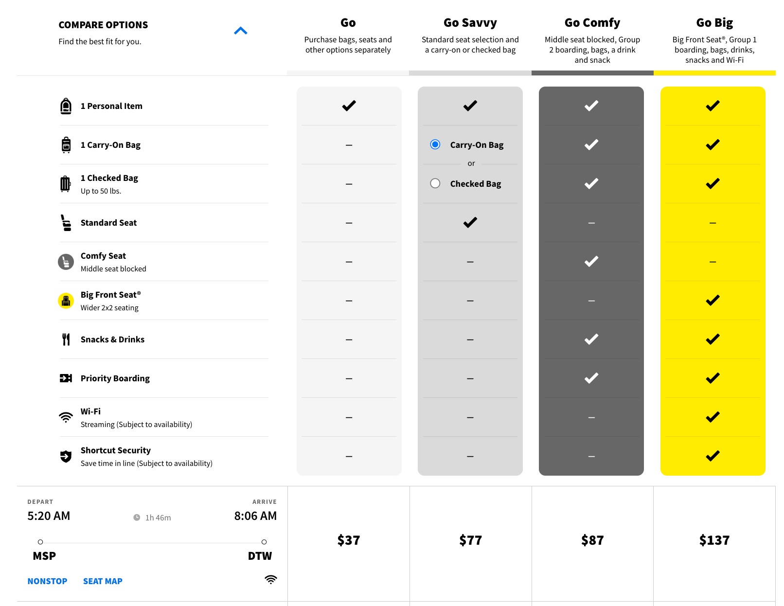 msp to detroit spirit bundles with prices listed