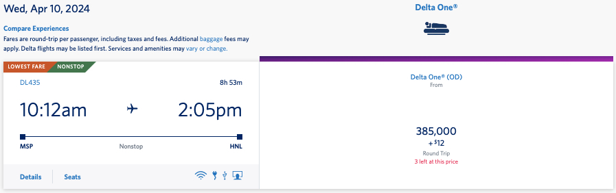 Minneapolis to Honolulu Delta lie-flat SkyMiles