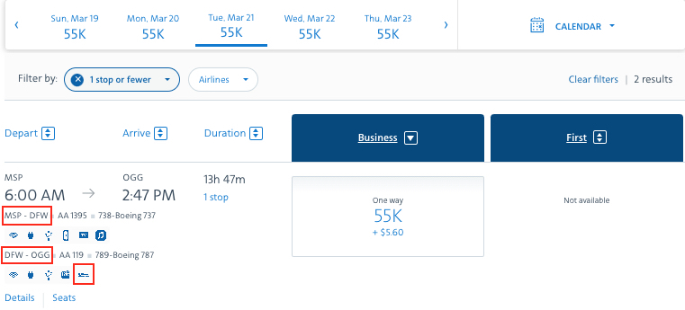 Minneapolis to Maui AA miles lie-flat