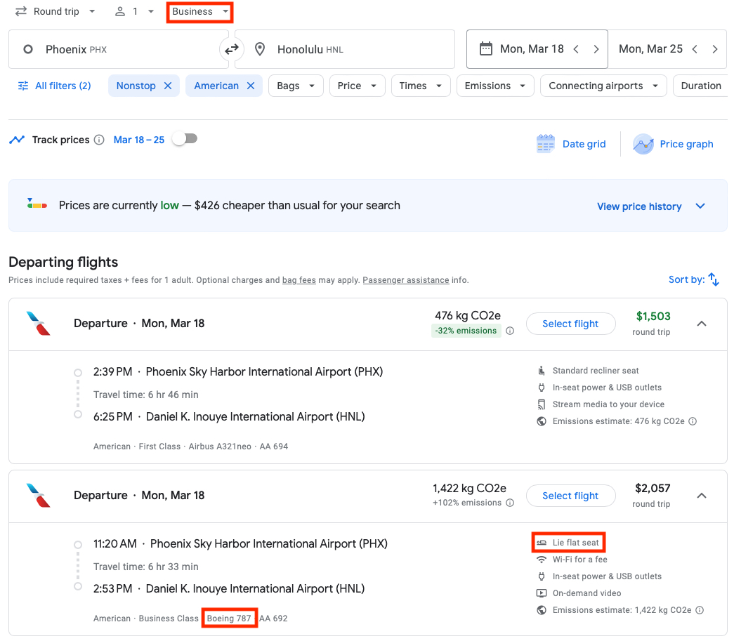 searching business class on Google for AA lie-flat seats to Hawaii