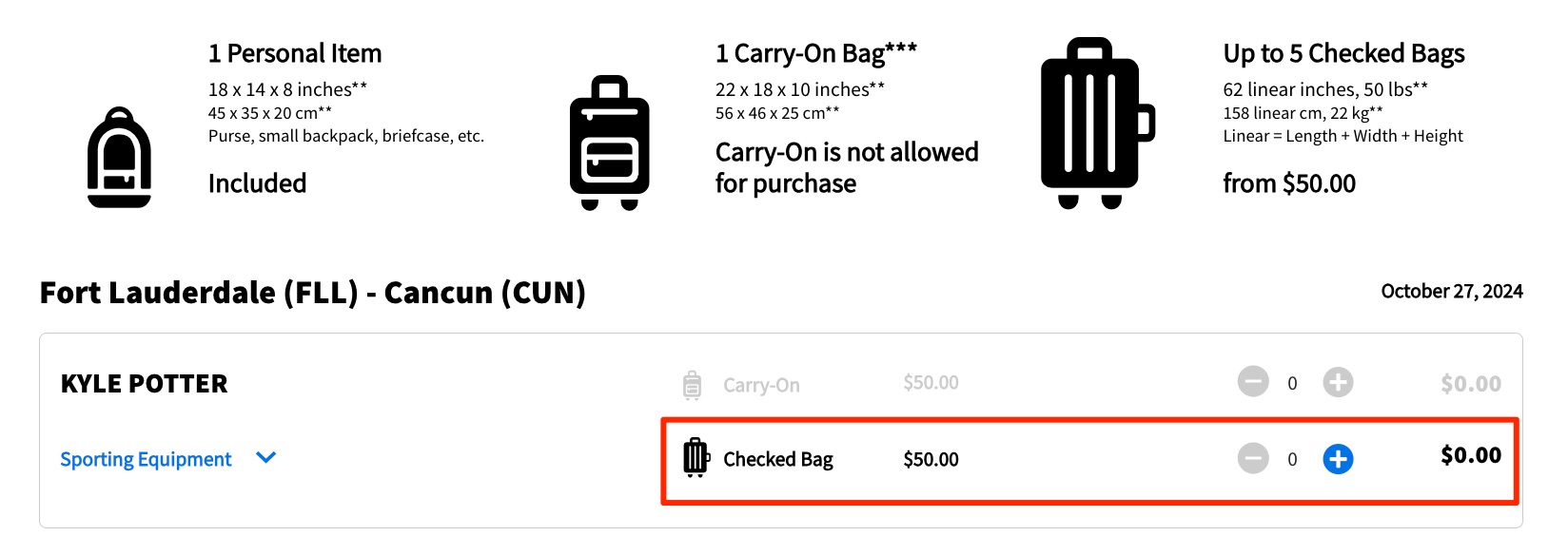 spirit checked bag fees for fort lauderdale to cancun