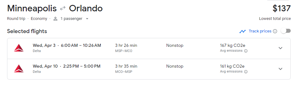 Google Flights search for Minneapolis (MSP) to Orlando (MCO) flights