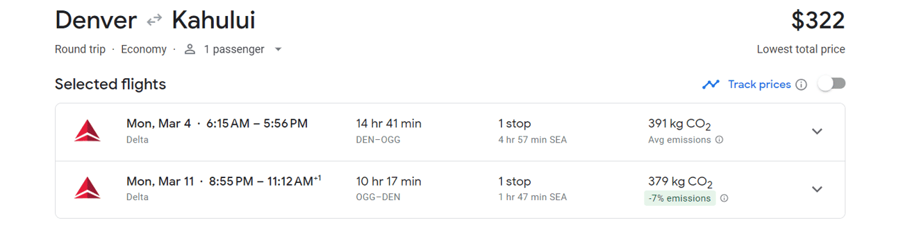 Google Flights search for Denver (DEN) to Maui (OGG) flights 