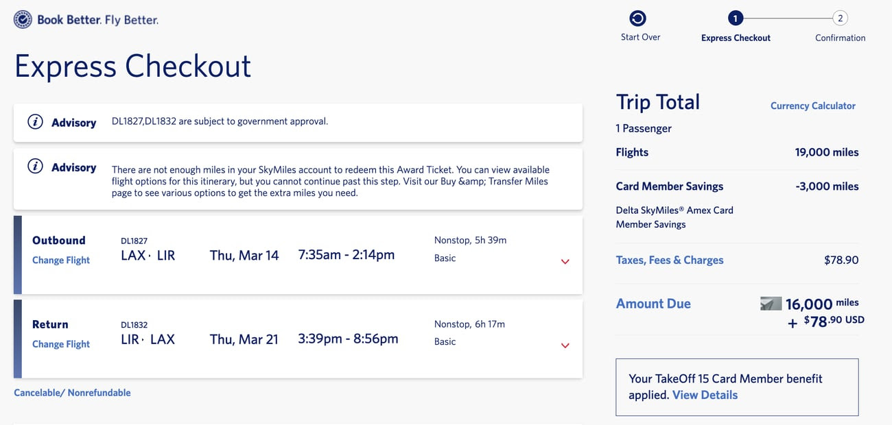 Delta SkyMiles award flight from Los Angeles (LAX) to Liberia, Costa Rica (LIR)