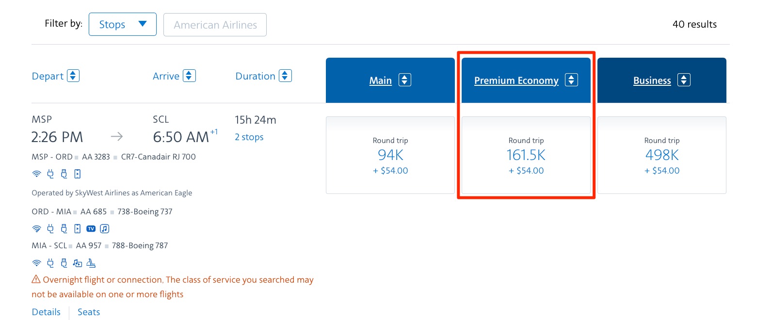 American Airlines premium economy award search