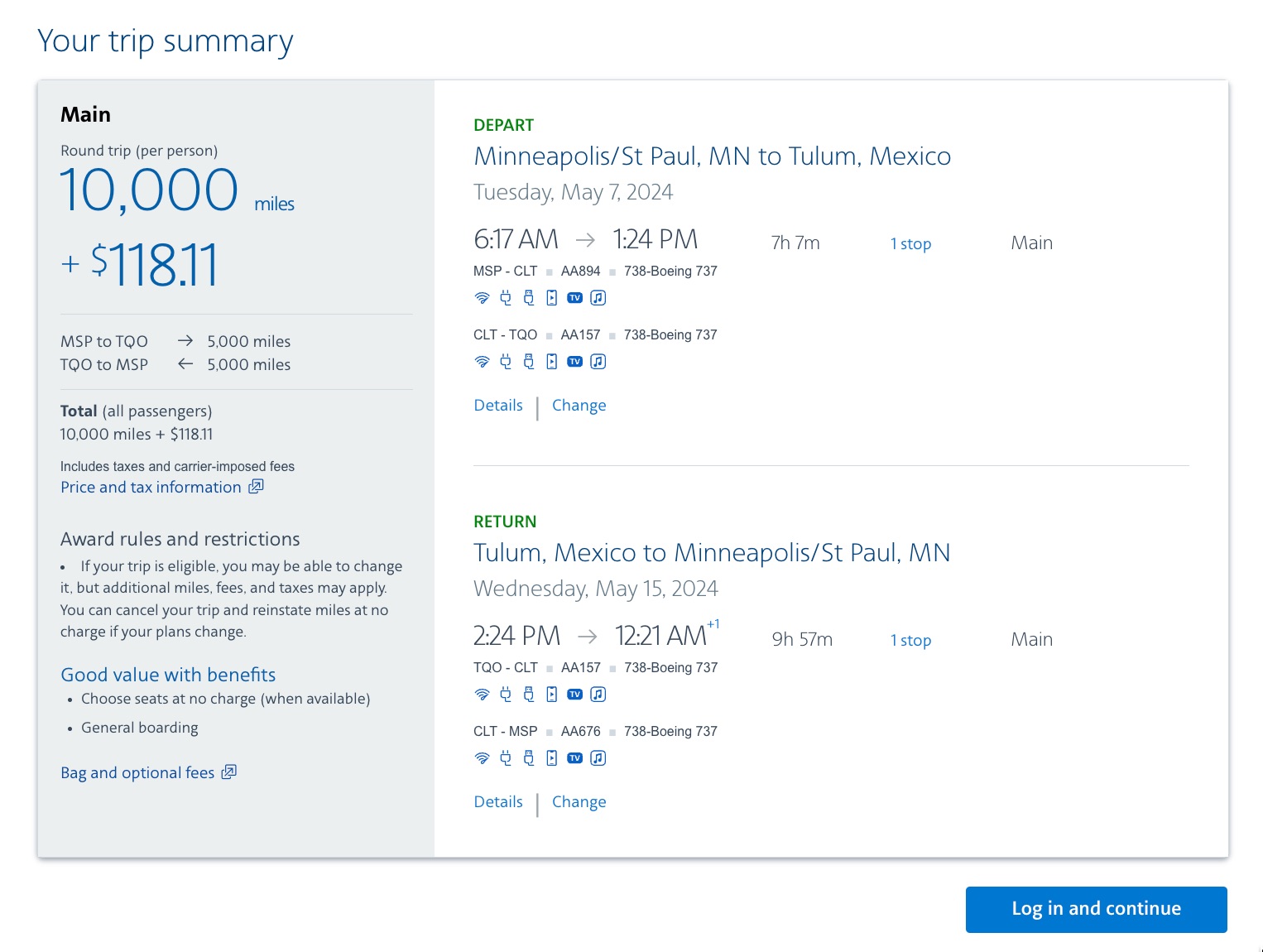 American Airlines award flight from Minneapolis (MSP) to Tulum (TQO)