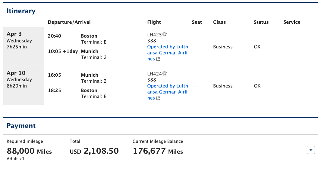 ANA Lufthansa BOS to MUC Biz