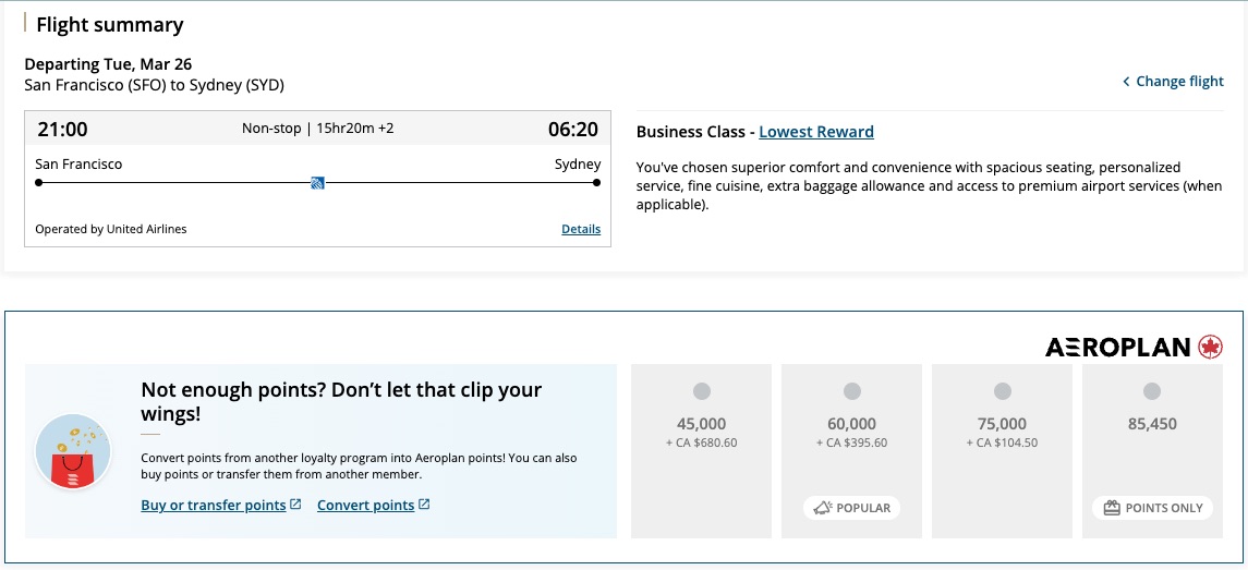 Aeroplan United Polaris SFO to SYD