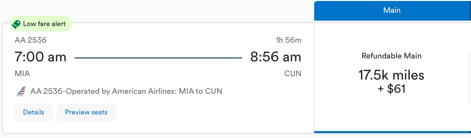 Alaska Airlines AA MIA to CUN