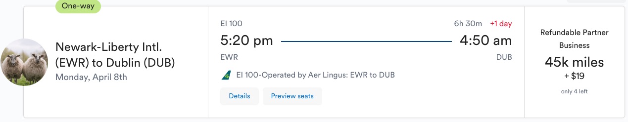 Alaska Airlines EWR to DUB Aer Lingus Biz