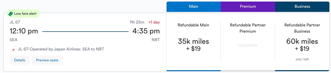Alaska Airlines SEA to NRT JAL